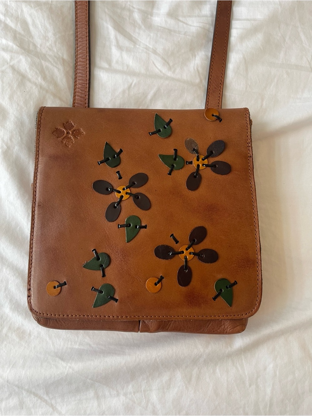 Patricia Nash Leather Crossbody Bag with Floral Appliqué - Brown